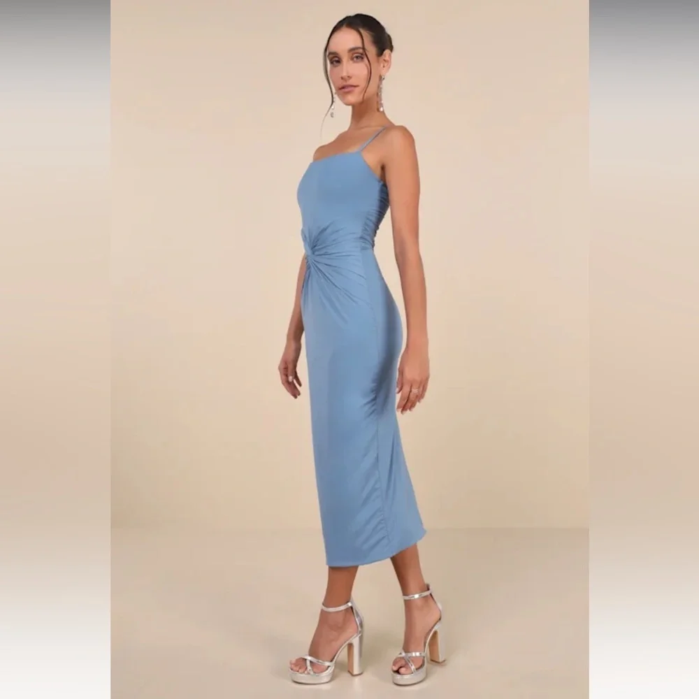 Lulus Mesmerizing‎ Reputation Slate Blue Twist-Front Bodycon Midi Dress Size XL